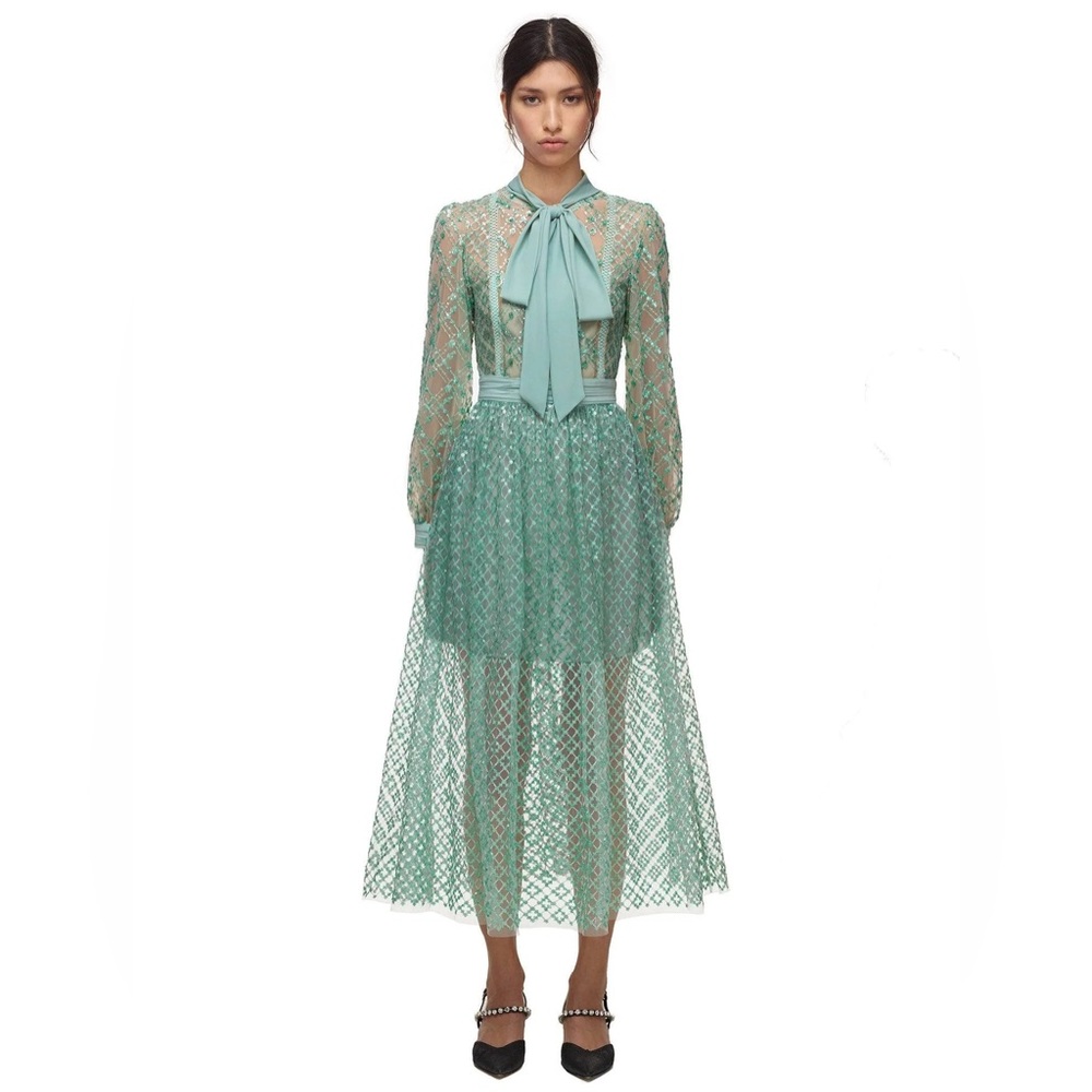 Self Portrait Grid Sequin Bow Lace Midi Dress green size 2